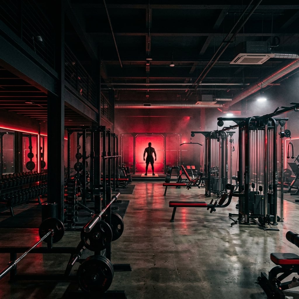 Premium dark gym interior with dramatic red lighting